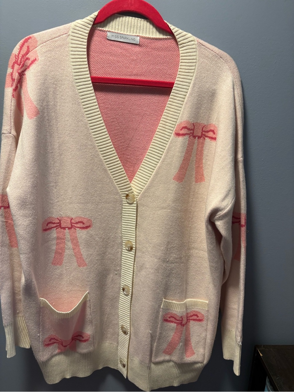 Miss Sparkling Pink Bow-Print V-Neck Cardigan